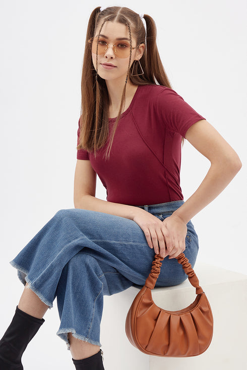 Women Maroon Round Neck Half Sleeves T-Shirt